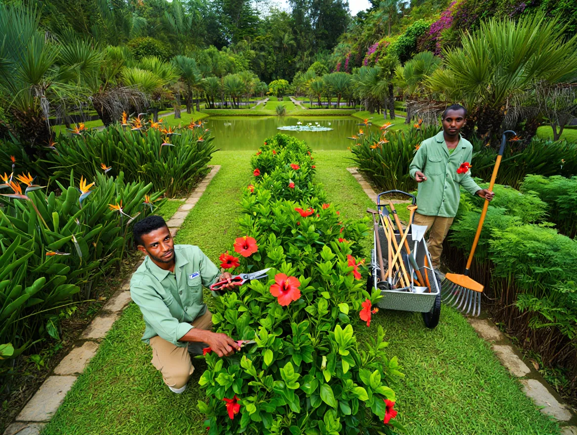 Professional garden maintenance experts at work